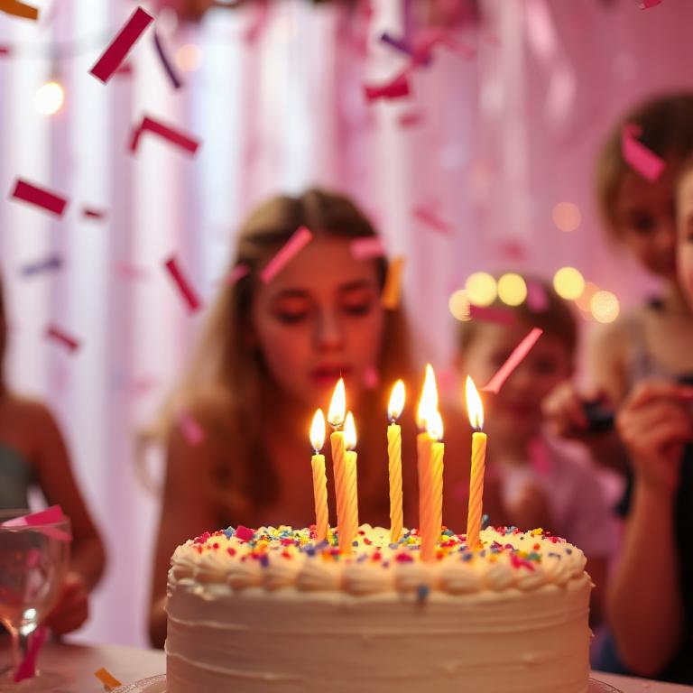 Birthday cake with candles and confetti